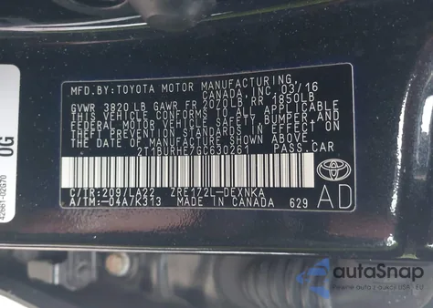 2016 Toyota Corolla Le Premium z USA, uszkodzony, nr VIN 2T1BURHE7GC630261